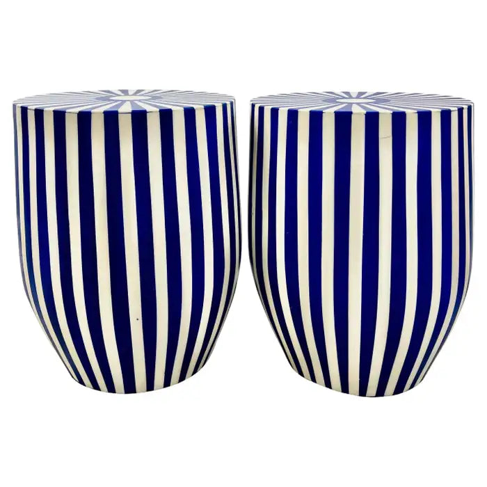 Art Deco Style Blue & White Cylindrical Resin Side, End Table or Stool, a Pair