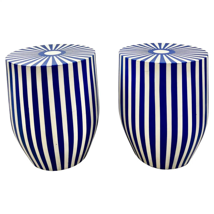 Art Deco Style Blue & White Cylindrical Resin Side, End Table or Stool, a Pair