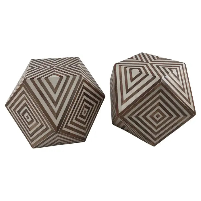 Art Deco Style Brown & White Sculptural Resin & Walnut Side or End Table, a Pair