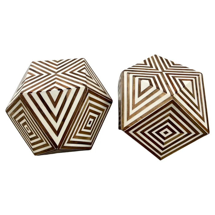Art Deco Style Brown & White Sculptural Resin & Walnut Side or End Table, a Pair