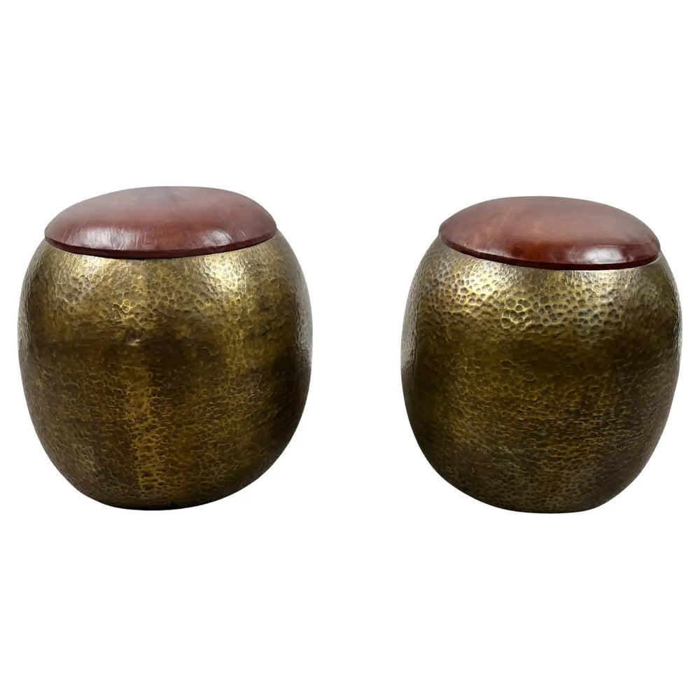 Mid-Century Modern Style Bronze Ottoman or Stool with Leather Top, a Pair
