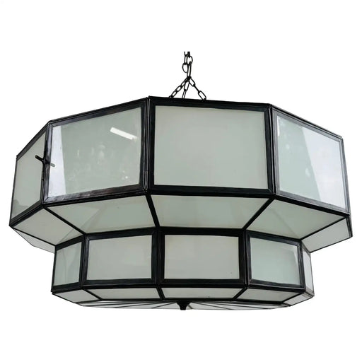 Art Deco Style Large Circular White Milk Glass & Bronze Pendant, Chandelier