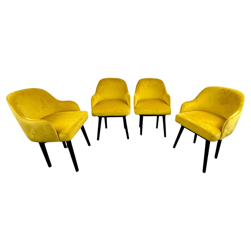 Mid Century Modern Style Yellow Velvet & Ebony Dining or Side Chair, Set of 4