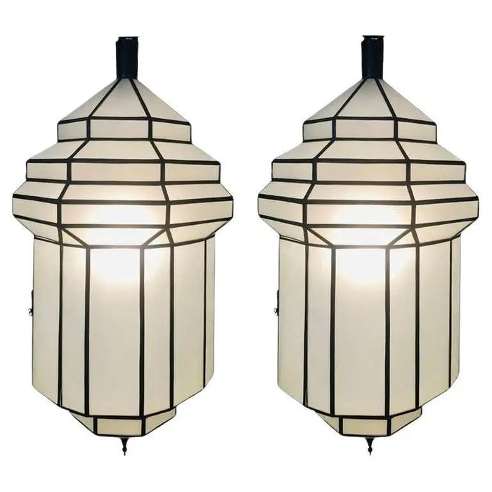 Art Deco White Milk Glass Handmade Chandelier, Pendant, Lantern, a Pair