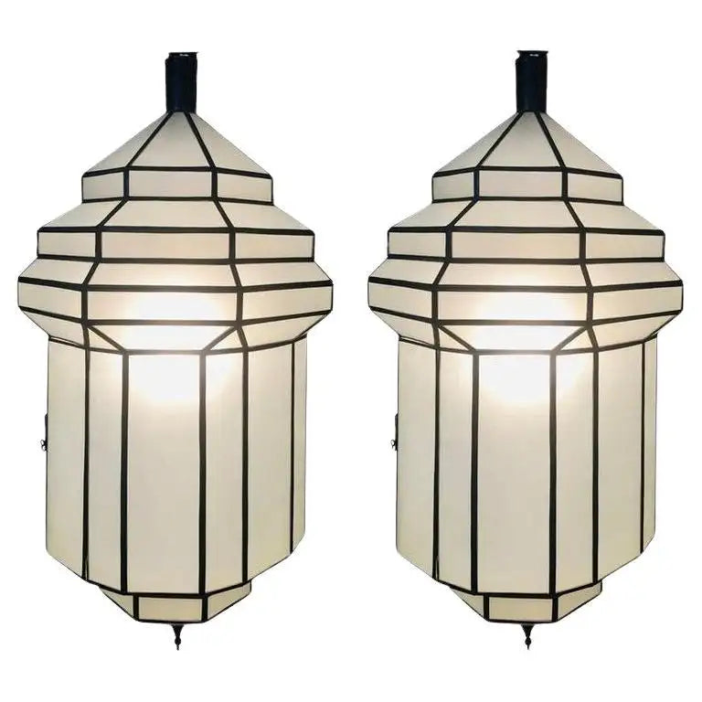 Art Deco White Milk Glass Handmade Chandelier, Pendant, Lantern, a Pair