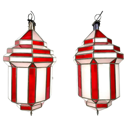 Art Deco Style White Milk and Red Glass Pendant, Lantern or Chandelier, a Pair