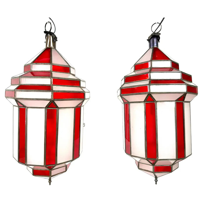 Art Deco Style White Milk and Red Glass Pendant, Lantern or Chandelier, a Pair