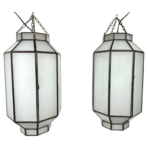 Art Deco Style Frosted White Milk Glass & Bronze Octagonal Pendant, a Pair
