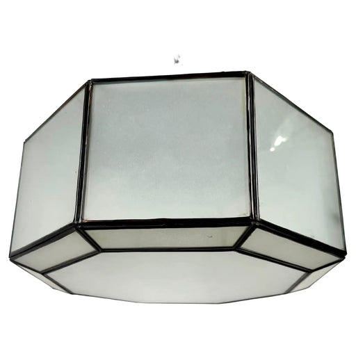 Art Deco Style White Milk Glass and Bronze Octagon Shape Pendant or Flush Mount