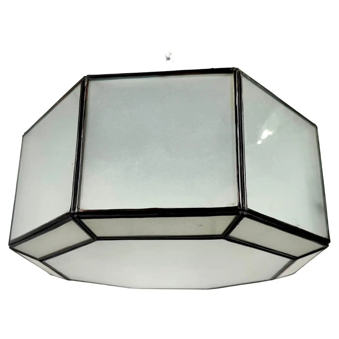 Art Deco Style White Milk Glass and Bronze Octagon Shape Pendant or Flush Mount