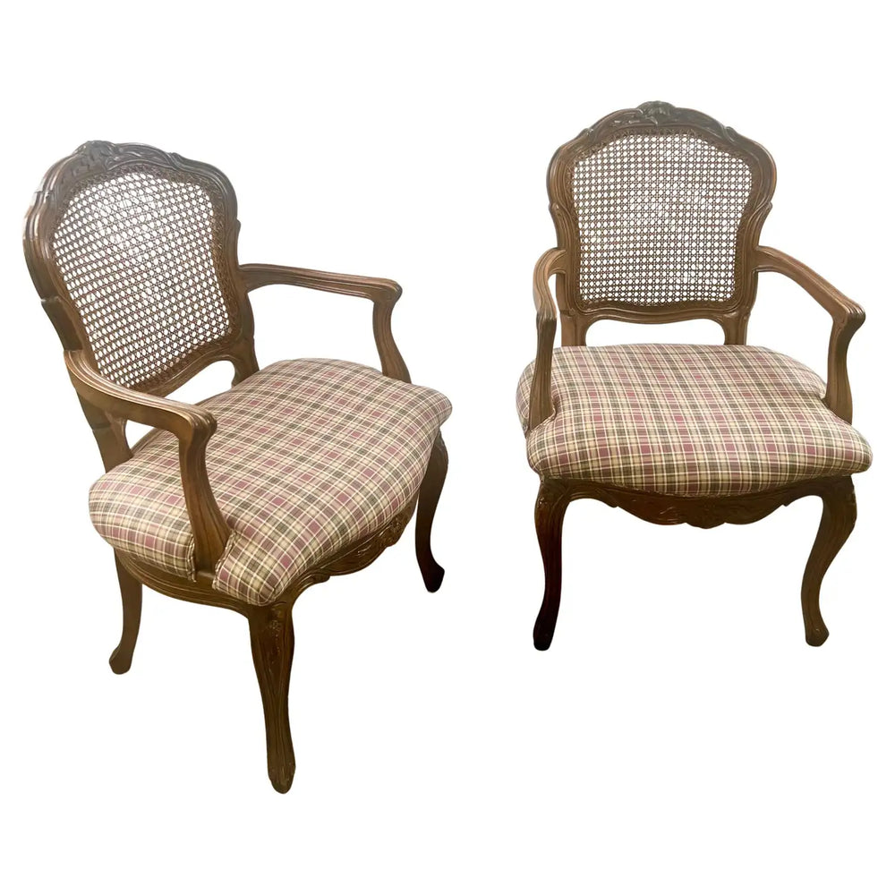 French Provincial Louis XV Style Cane Back with Plaid Upholstery Chair, a Pair