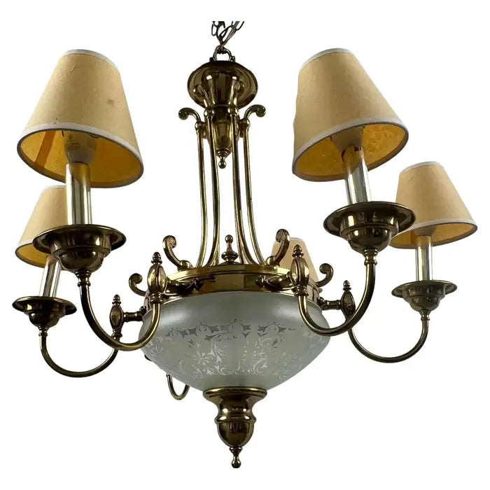 French Empire Style Brass & Etched Cut Glass Center Globe Chandelier - 6 Arms