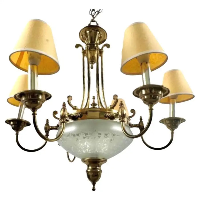 French Empire Style Brass & Etched Cut Glass Center Globe Chandelier - 6 Arms