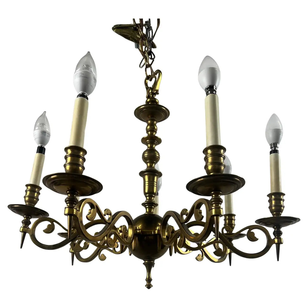 French Louis XVI Revival Style Brass Chandelier - 6 Arms