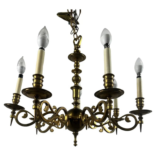 French Louis XVI Revival Style Brass Chandelier - 6 Arms