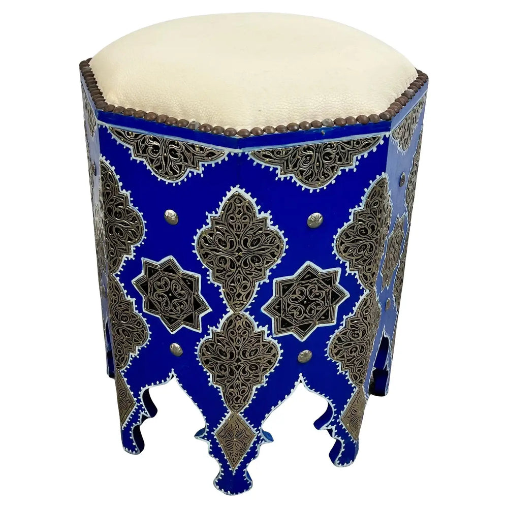 Boho Chic Moroccan Blue & Filigree Silver Design with White Leather Top Stool