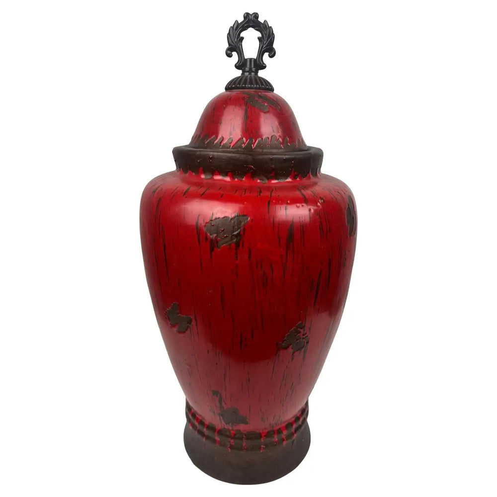 Vintage Chinese Oriental Red Pottery Vase with Lid in Antiqued Design