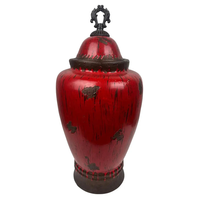 Vintage Chinese Oriental Red Pottery Vase with Lid in Antiqued Design