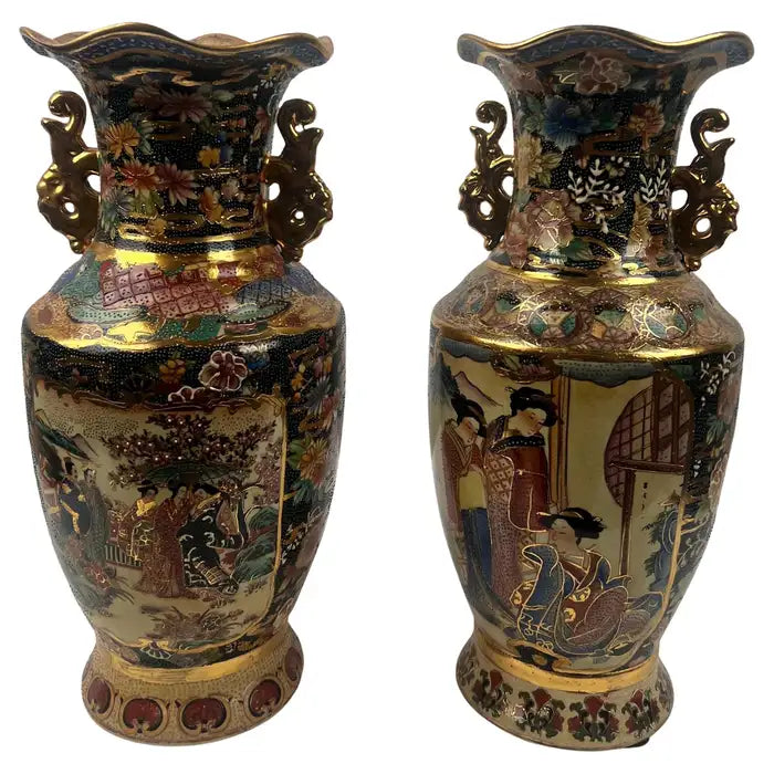 Vintage Royal Satsuma Japanese Hand-Painted Urn Style Vase, a Pair