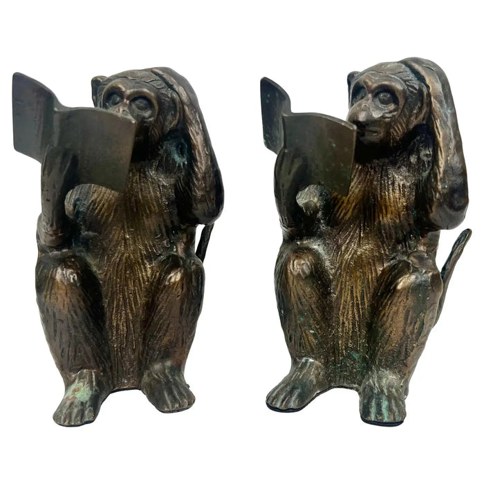 Vintage Brass Monkey Reading Book Figurine & Paperweight , a Pair