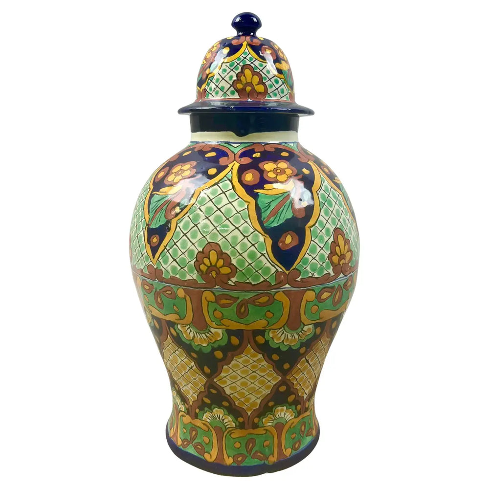 Mexican Talavera Multi-color Handmade Pottery Lidded Vase or Urn