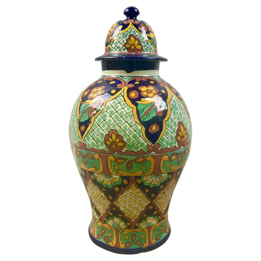 Mexican Talavera Multi-color Handmade Pottery Lidded Vase or Urn