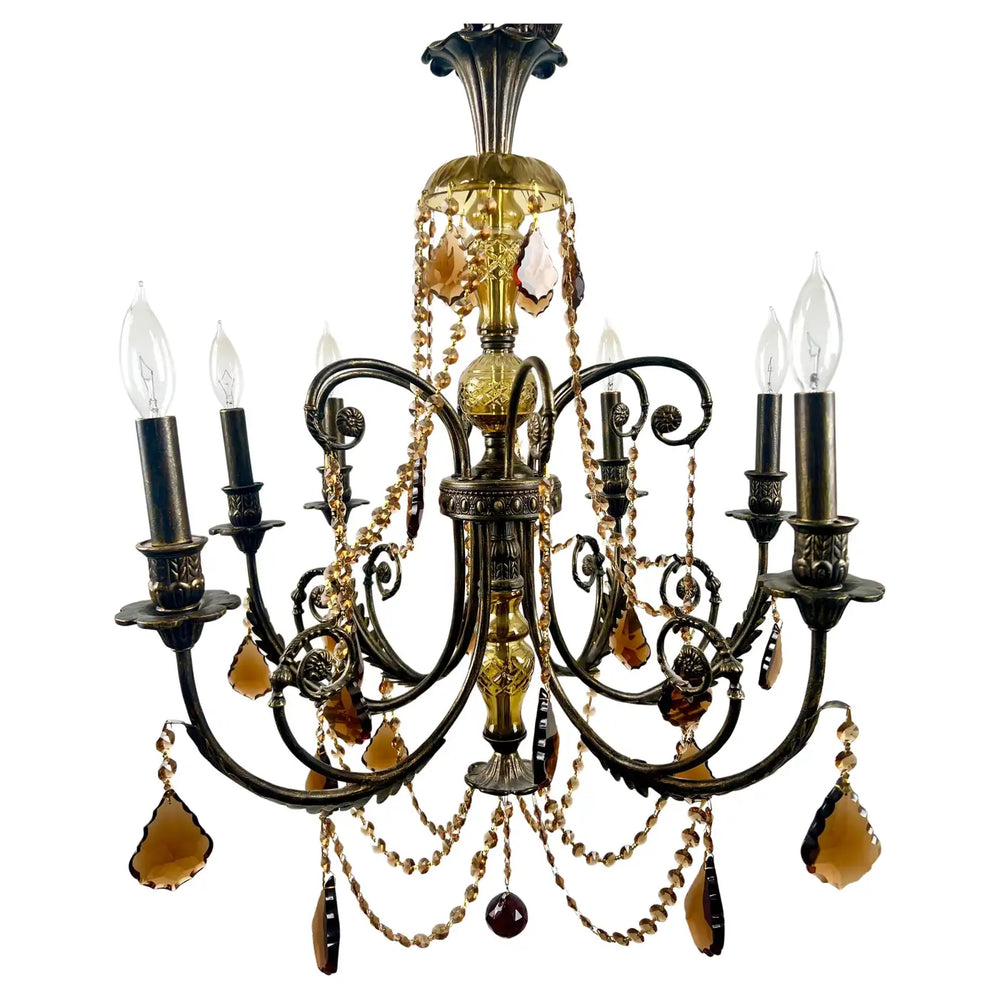 French Rococo Revival Bronzed Chandelier with Amber Glass Drops, 6 Arms