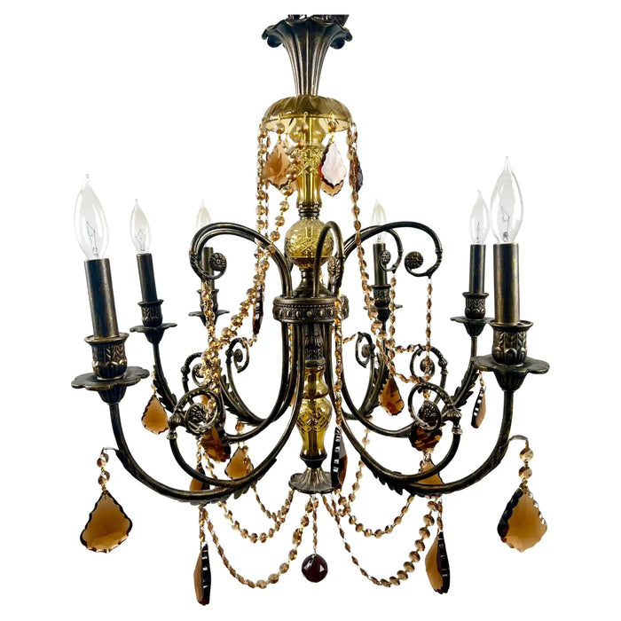French Rococo Revival Bronzed Chandelier with Amber Glass Drops, 6 Arms