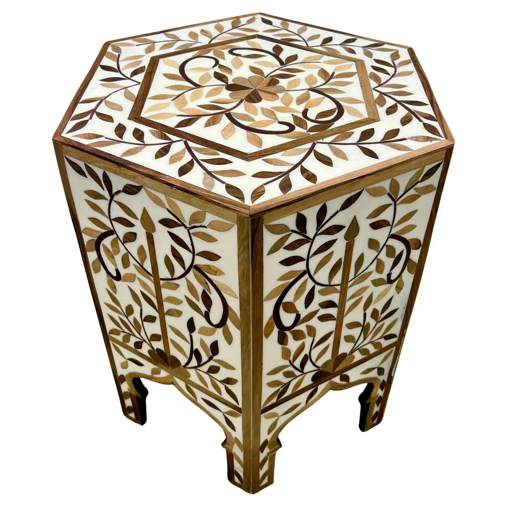 Moroccan Boho-Chic Handmade Walnut & Resin Inlay Hexagonal Side or End Table