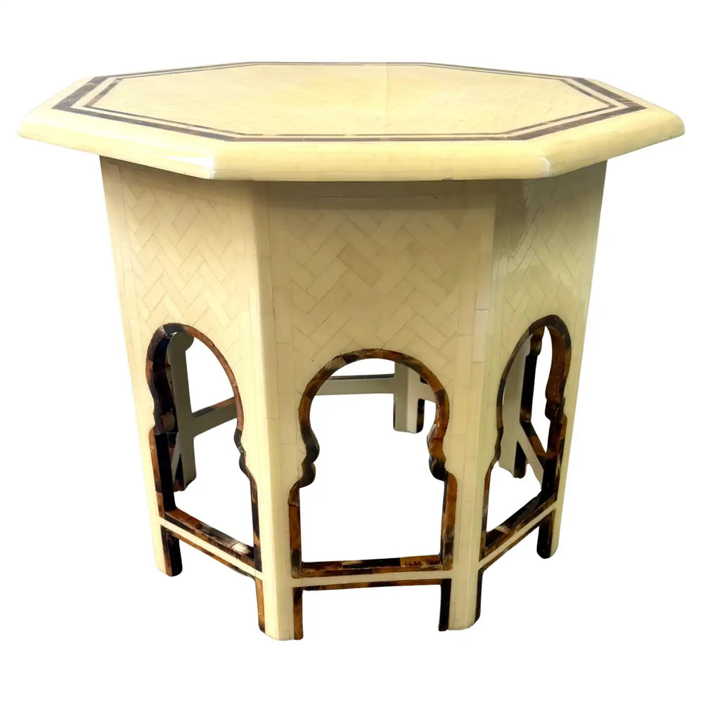 Moroccan Style Off -White Bone Inlay Octagonal Side Table with Moorish Arches