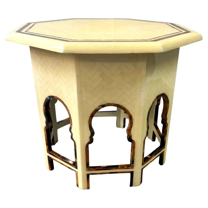 Moroccan Style Off -White Bone Inlay Octagonal Side Table with Moorish Arches