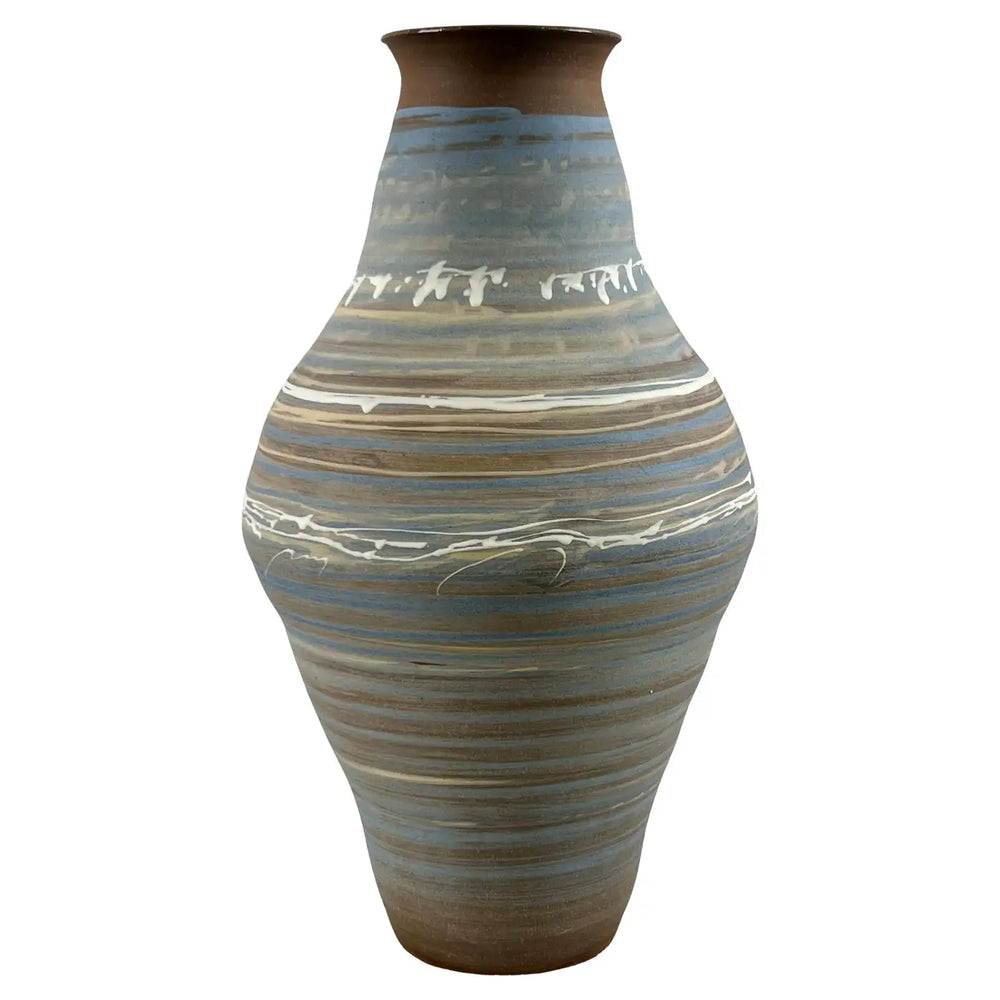 Vintage Handmade Pottery Vase with Blue & Earth-Tone Swirl Glaze