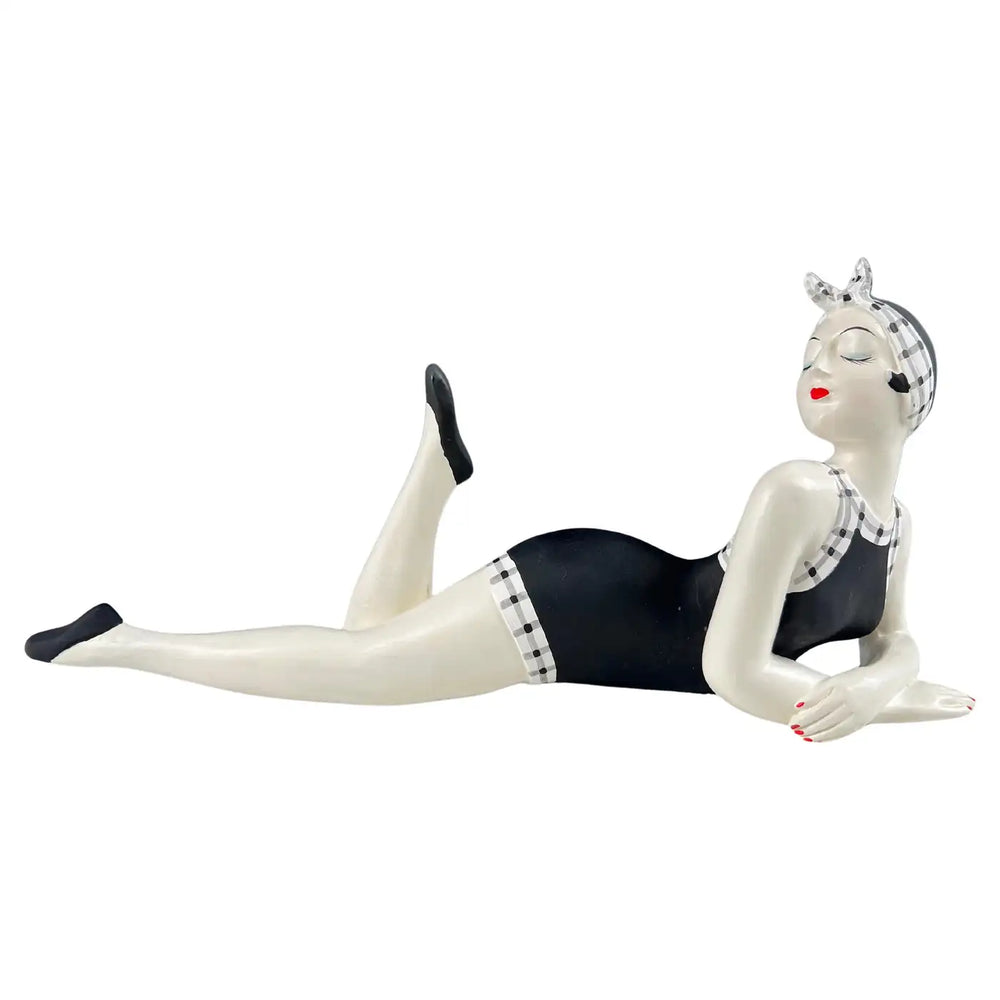 French Style Bathing Beauty Resin Figurine in Black & White Gingham Swimsuit