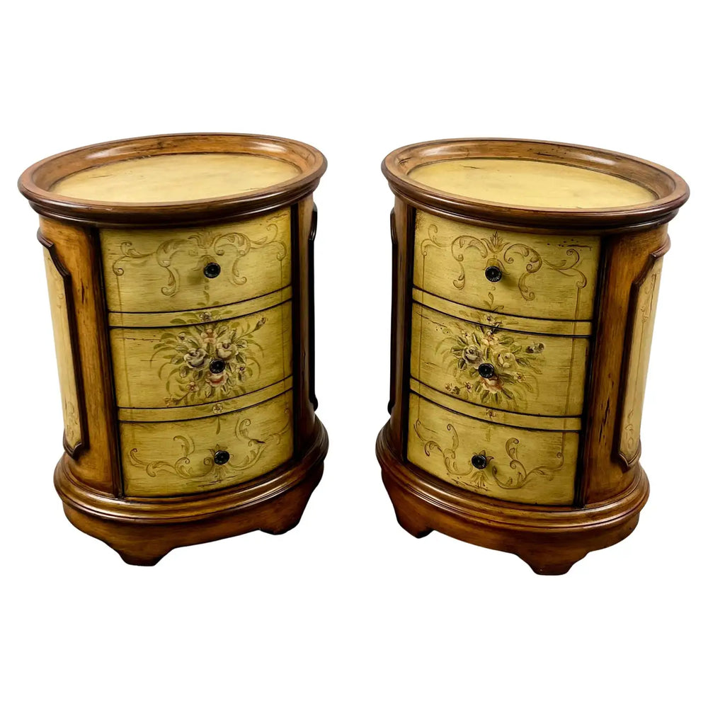 Louis XV Style French Provincial Hand Painted Oval Shaped Nightstand, a Pair
