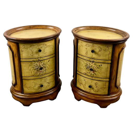 Louis XV Style French Provincial Hand Painted Oval Shaped Nightstand, a Pair