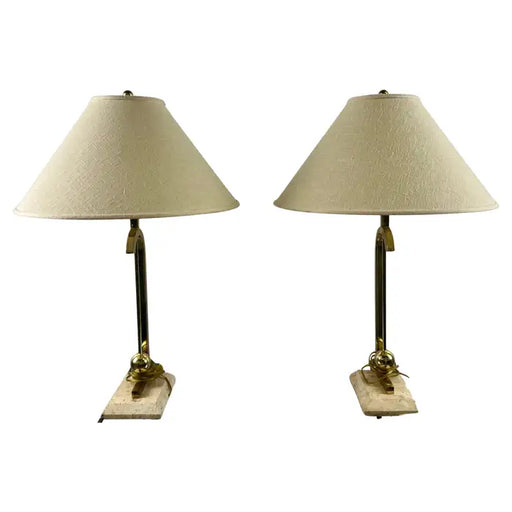 Mid-Century Modern Brass Table Lamp w Marble Base & Original Fabric Shade, Pair