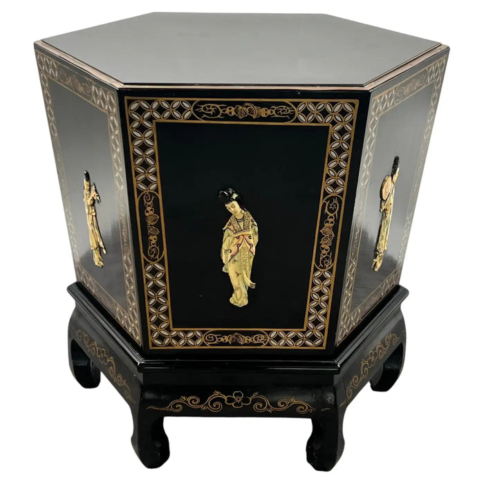 Asian Black Lacquer Hexagonal Side Table with Hand-Painted Gold & Figural Pane