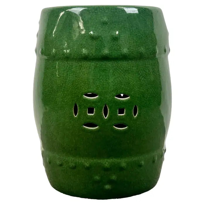 Vintage Chinoiserie Emerald Green Glazed Ceramic Drum Garden Stool or Pedestal