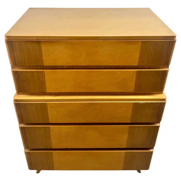 Mid-Century Modern R-Way Birdseye Maple Highboy Chest of 5 Drawers