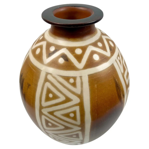 Studio Pottery Brown & off White Vase w Tribal-Inspired Geometric Motifs Signed