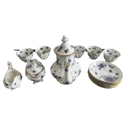 Hammersley “Victorian Violets” English Bone China Tea Set w Gold Trim, 15 pcs