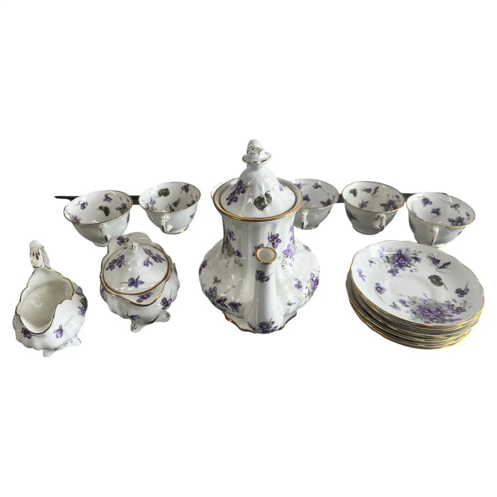 Hammersley “Victorian Violets” English Bone China Tea Set w Gold Trim, 15 pcs