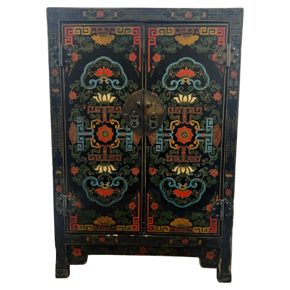 Vintage Asian Black Lacquered Cabinet or Chest with Hand-Painted Floral Motif