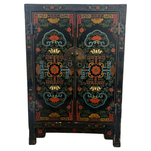 Vintage Asian Black Lacquered Cabinet or Chest with Hand-Painted Floral Motif