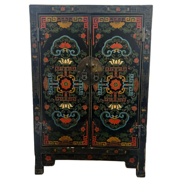 Vintage Asian Black Lacquered Cabinet or Chest with Hand-Painted Floral Motif
