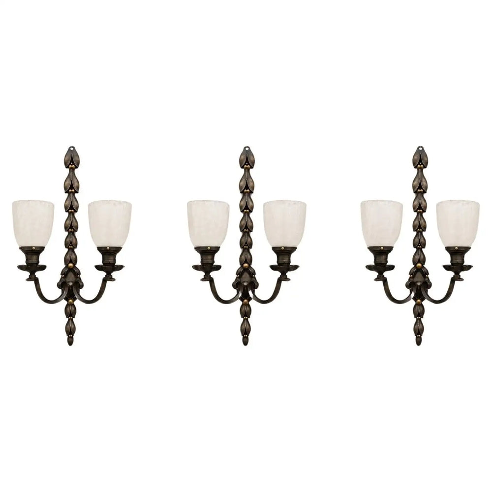 Art Nouveau Two Arms Bronze w Frosted Milk Glass Shades Wall Sconce, a set of 3