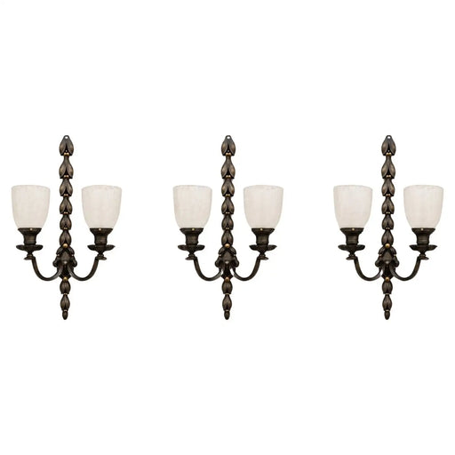 Art Nouveau Two Arms Bronze w Frosted Milk Glass Shades Wall Sconce, a set of 3