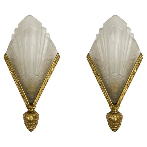 French Art Deco Brass & Frosted Glass Shield Shaped Wall sconce, a Pair
