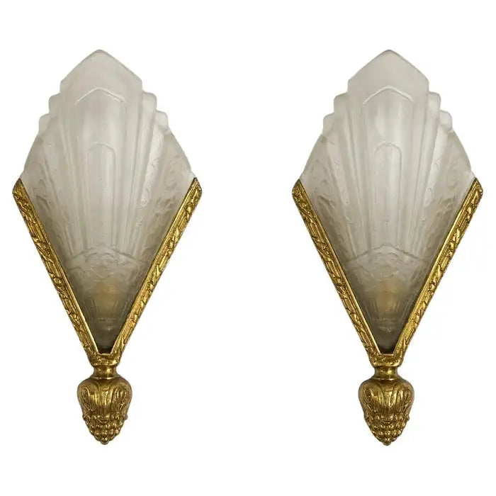 French Art Deco Brass & Frosted Glass Shield Shaped Wall sconce, a Pair