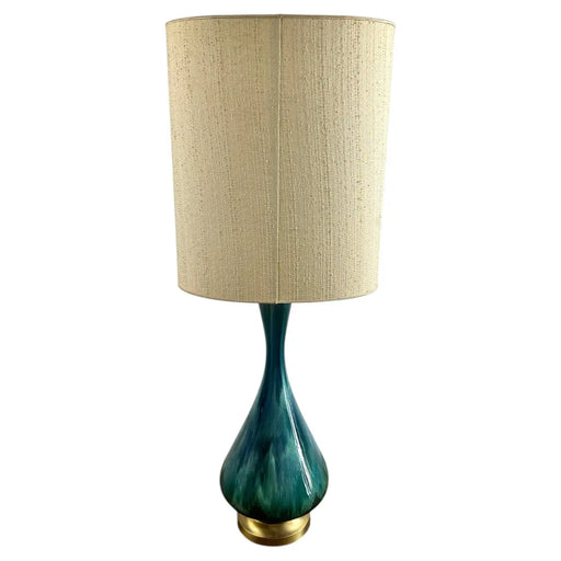 Mid-Century Modern Green Malachite Teardrop Design Table Lamp w Custom Shade